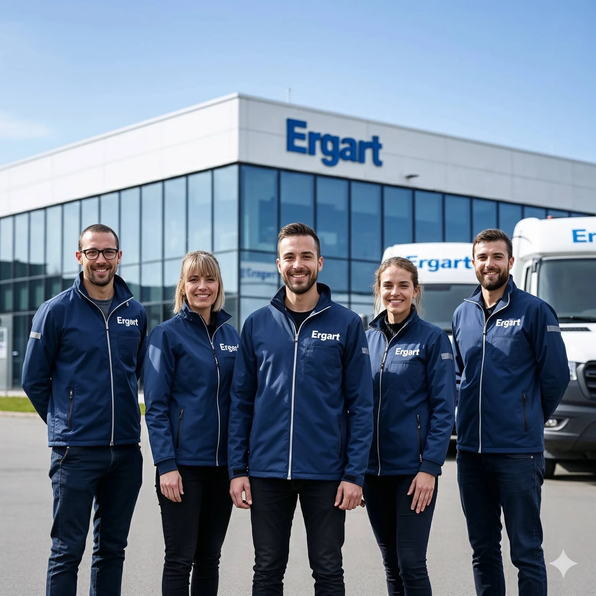 Das Team von Alexander Ergart vor der Zentrale in Neuss